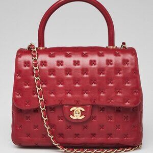 Chanel Red Quilted Cross Stitch Leather Small Coco Handle Bag